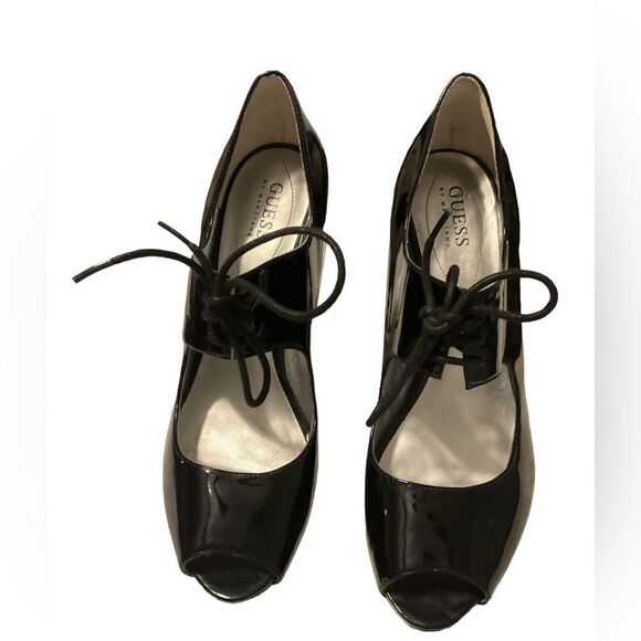 GUESS by MARCIANO Mary Jane black Patent Leather Tie‎ Laces Peep Toe size 9.5 - Picture 3 of 7